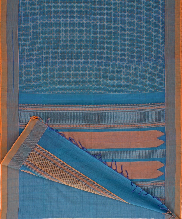 Cyan blue handwoven cotton silk lakshadeepam kanchi saree