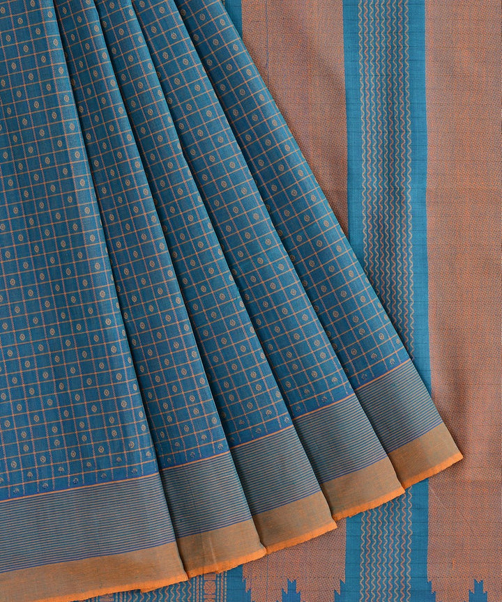 Cyan blue handwoven cotton silk lakshadeepam kanchi saree