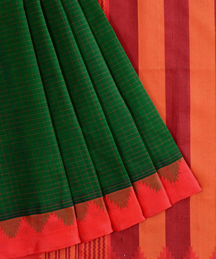 Dark green handwoven cotton silk kanchi saree