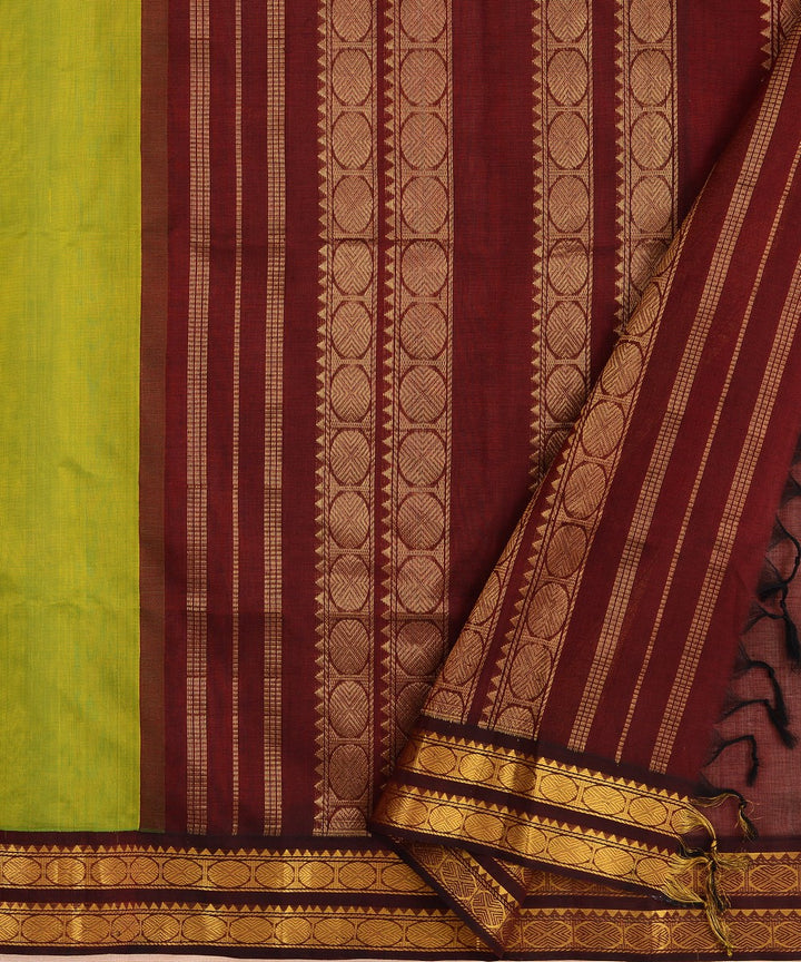 Lime green wine cotton silk handwoven kanchi saree