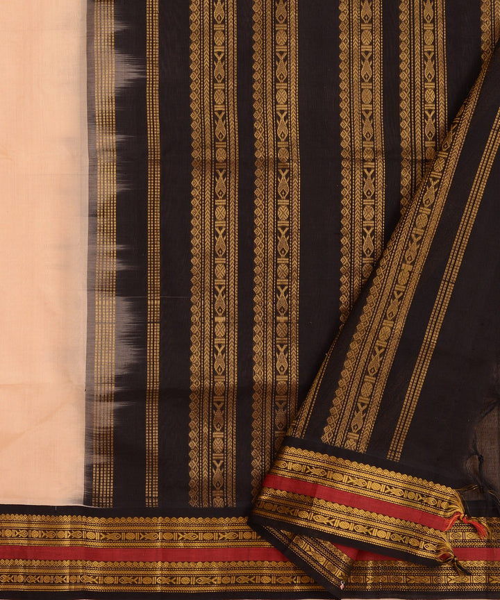 Off white black cotton silk handwoven kanchi saree