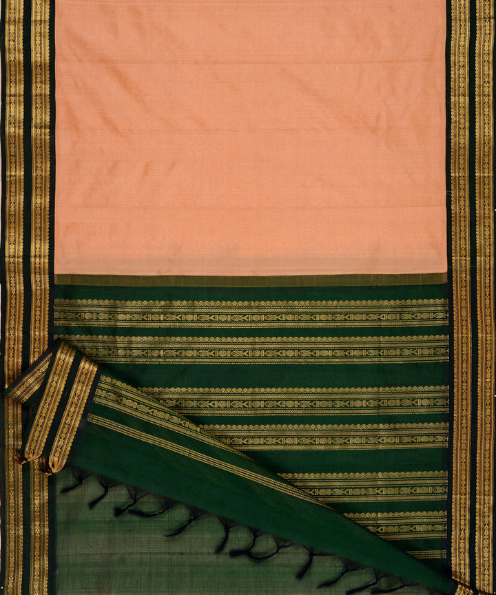 Peach green cotton silk handwoven kanchi saree