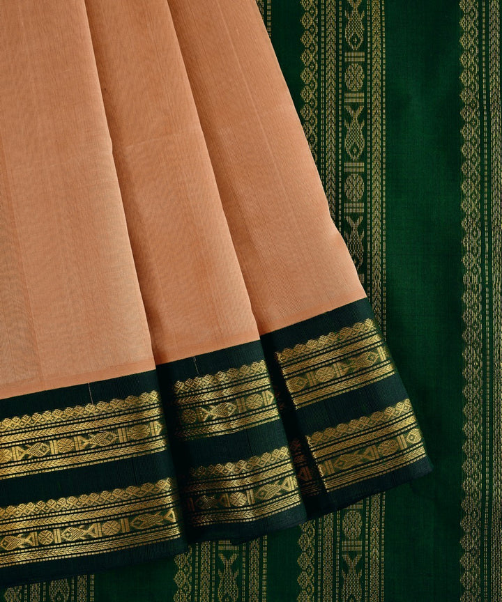 Peach green cotton silk handwoven kanchi saree