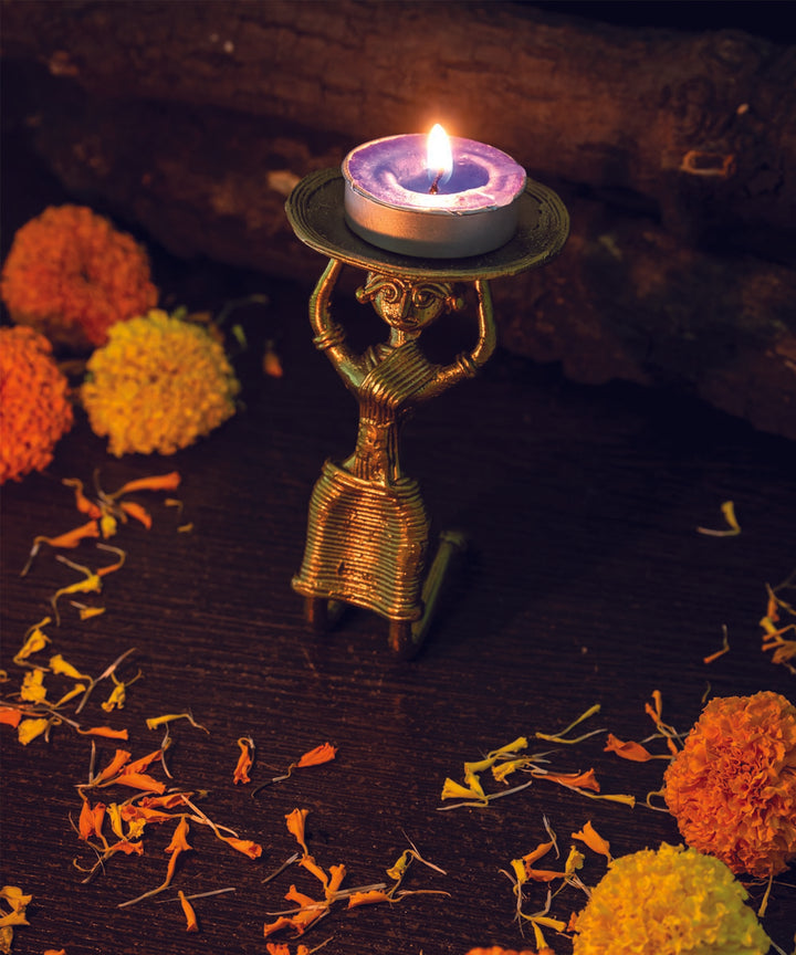 Handcrafted dhokra brass sitting lady candle stand