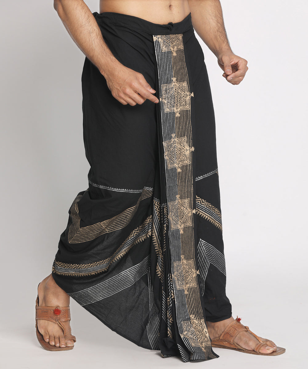 Black handblock printed ready to wear stitched cotton dhoti