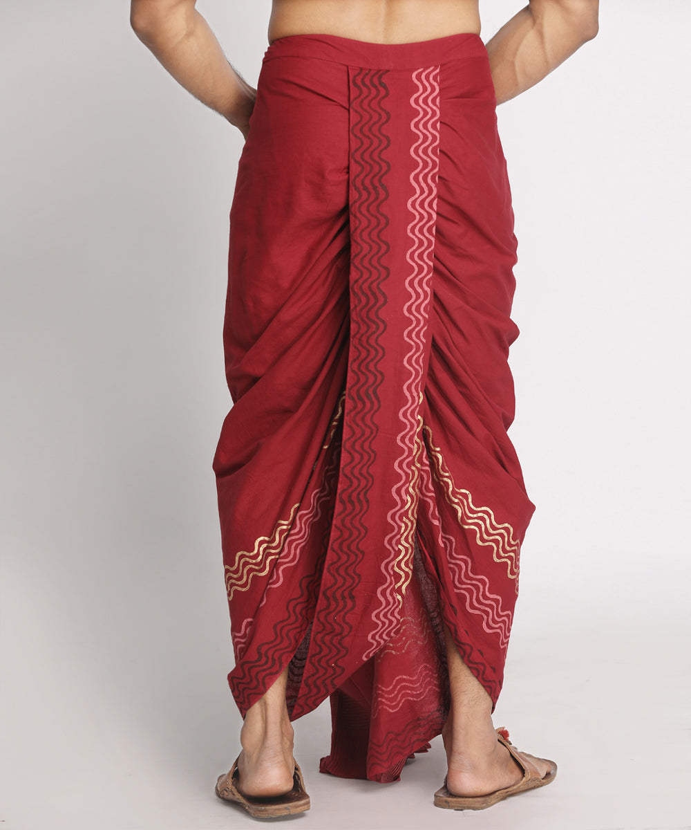 Maroon cotton handblock printed ready to wear stitched dhoti