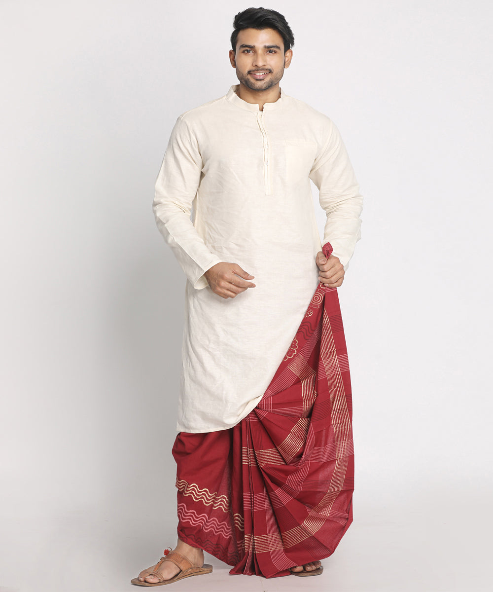 Maroon cotton handblock printed ready to wear stitched dhoti