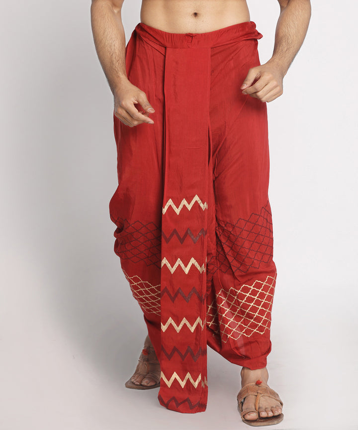 Maroon silk cotton handblock printed ready to wear stitched dhoti