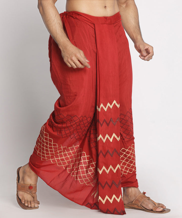 Maroon silk cotton handblock printed ready to wear stitched dhoti