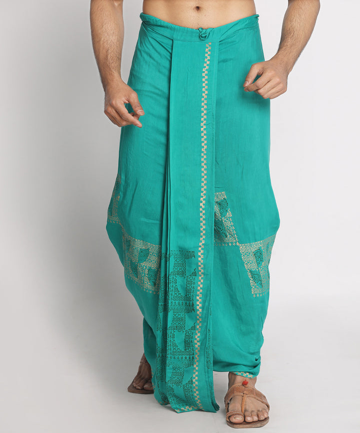 Teal silk cotton handblock printed ready to wear stitched dhoti