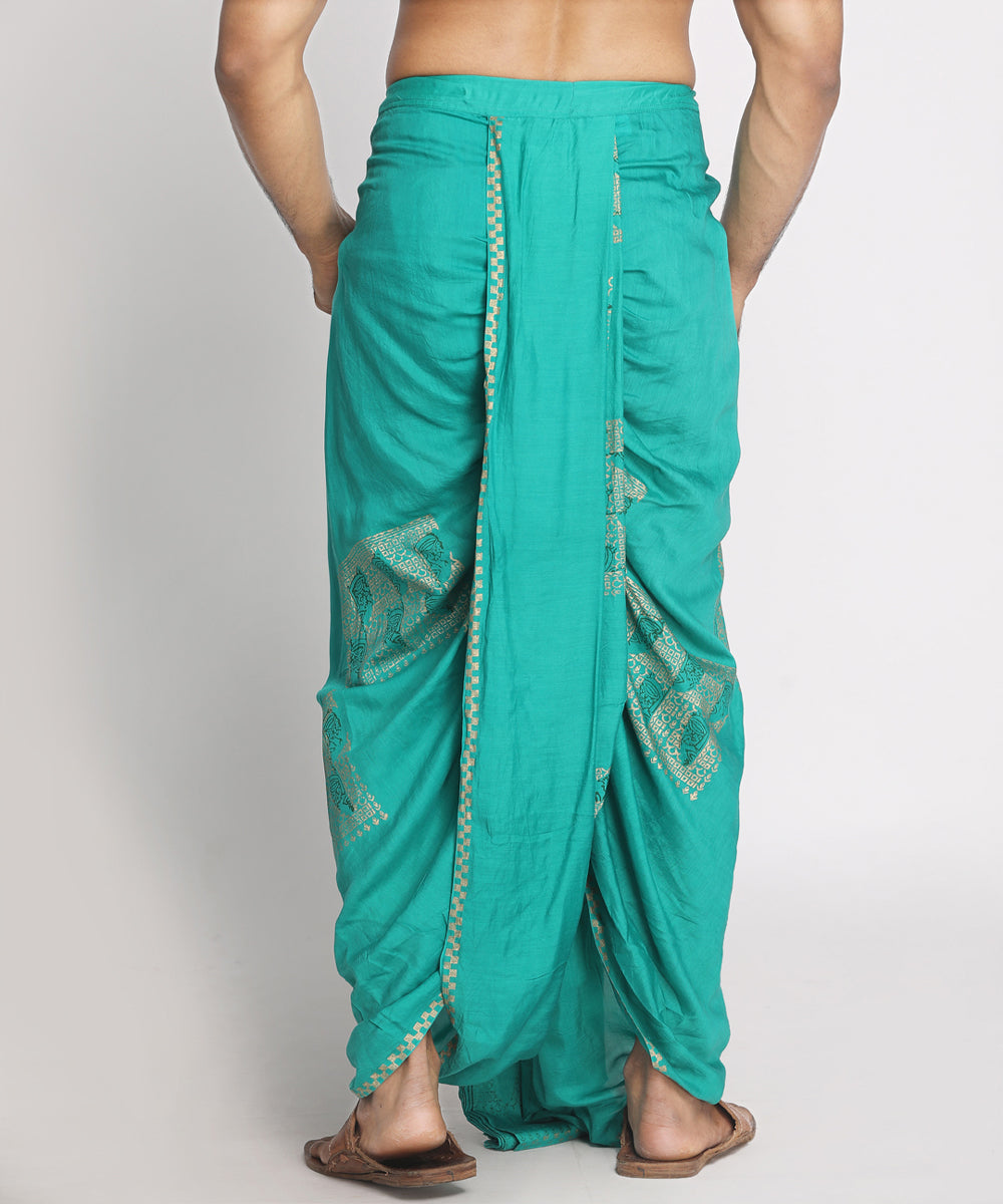 Teal silk cotton handblock printed ready to wear stitched dhoti
