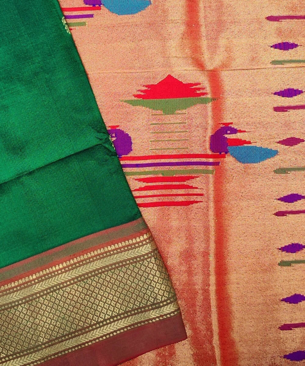 Bottle green with rust border silk handloom paithani saree