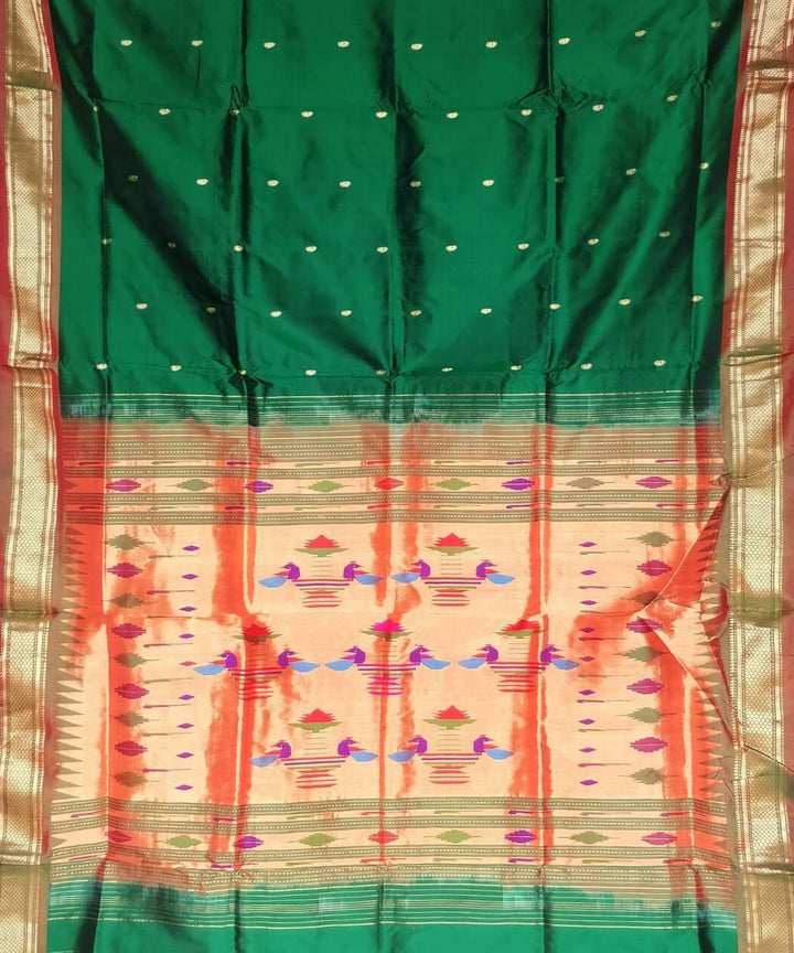 Bottle green with rust border silk handloom paithani saree