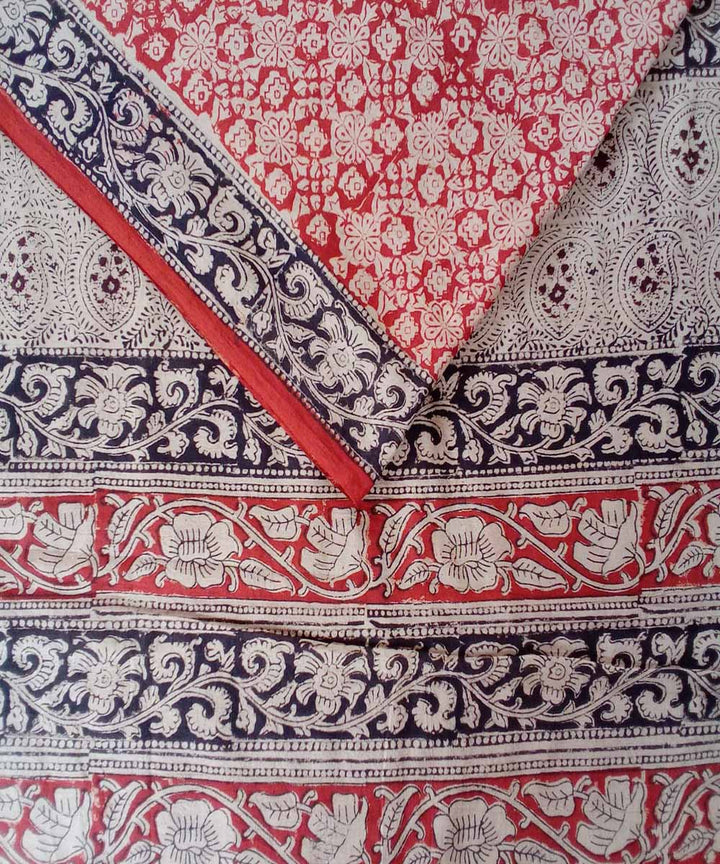 Beige multicolor hand printed cotton kalamkari saree