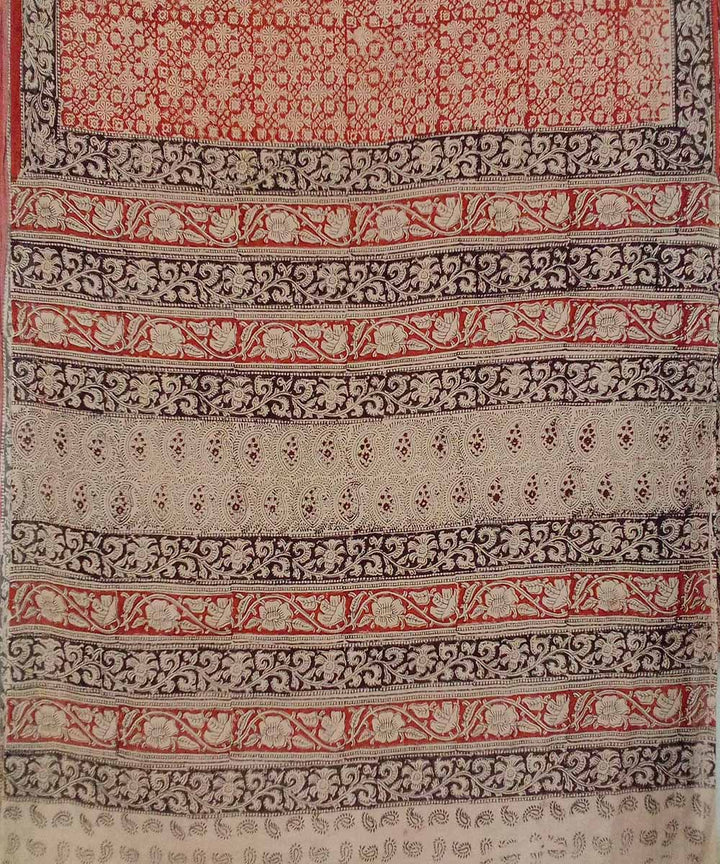 Beige multicolor hand printed cotton kalamkari saree