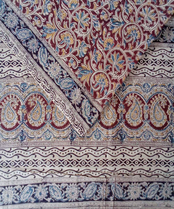 Dark red hand printed cotton kalamkari saree