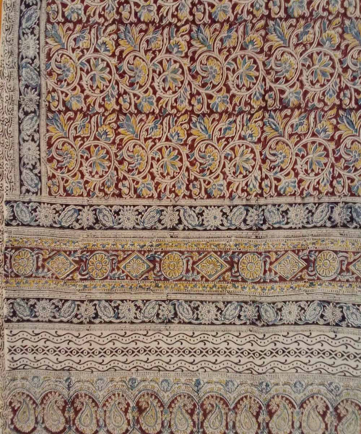 Dark red hand printed cotton kalamkari saree