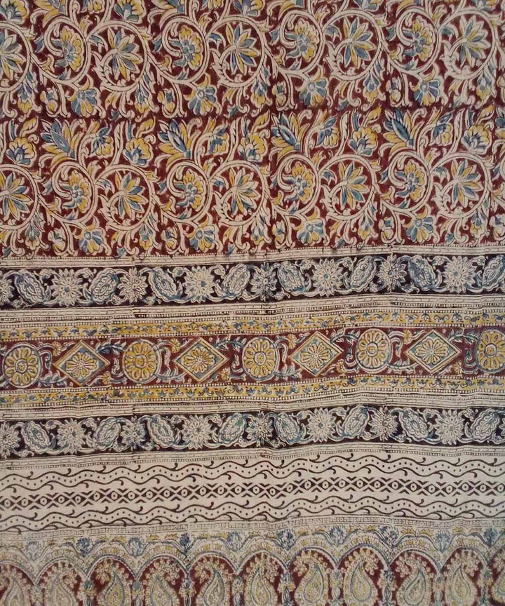 Dark red hand printed cotton kalamkari saree
