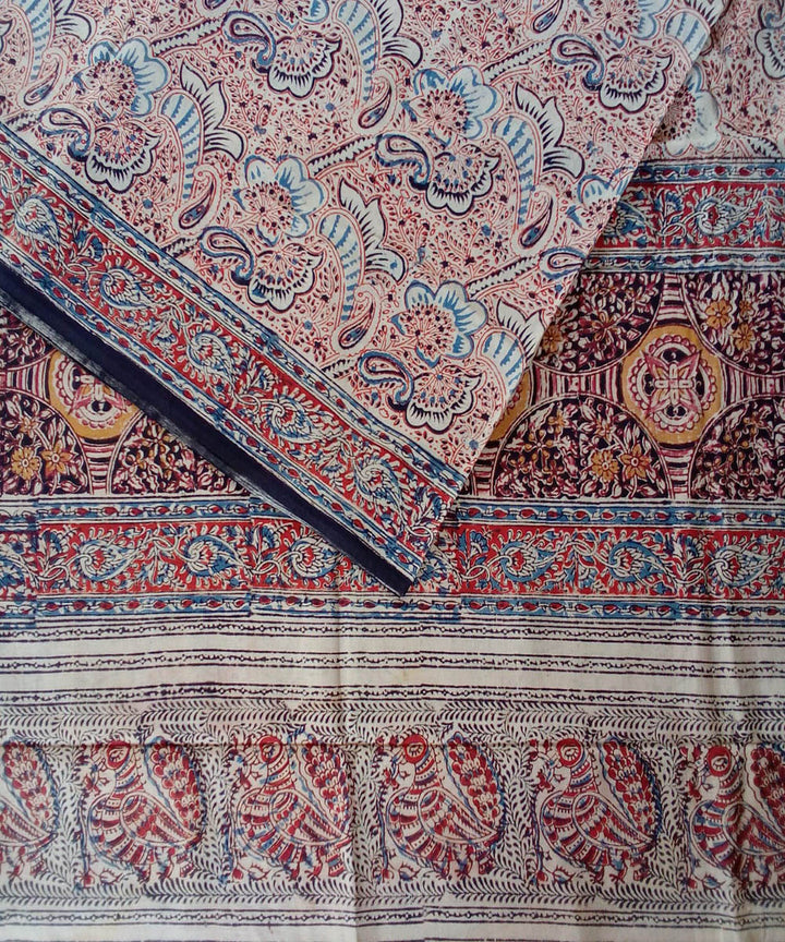 Cream multicolor hand printed cotton kalamkari saree