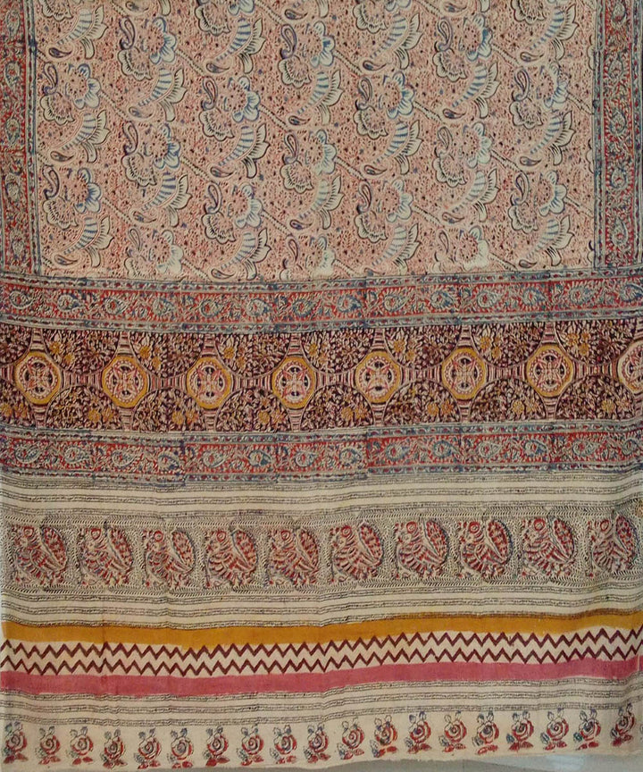 Cream multicolor hand printed cotton kalamkari saree