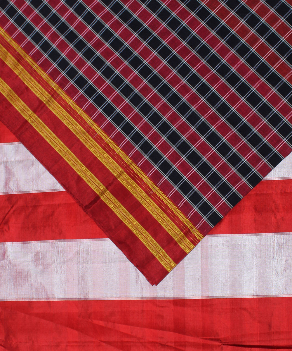 Red blue checks handwoven cotton art silk gayatri border ilkal saree