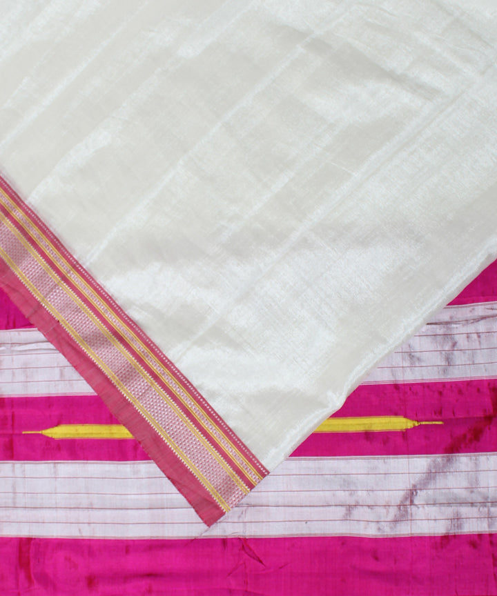 White pink handwoven cotton art silk chikki paras border ilkal saree