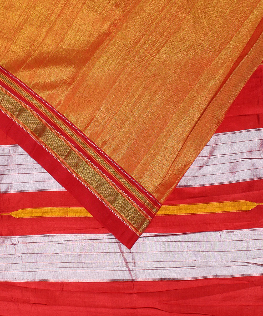 Orange red handwoven cotton art silk chikki paras border ilkal saree