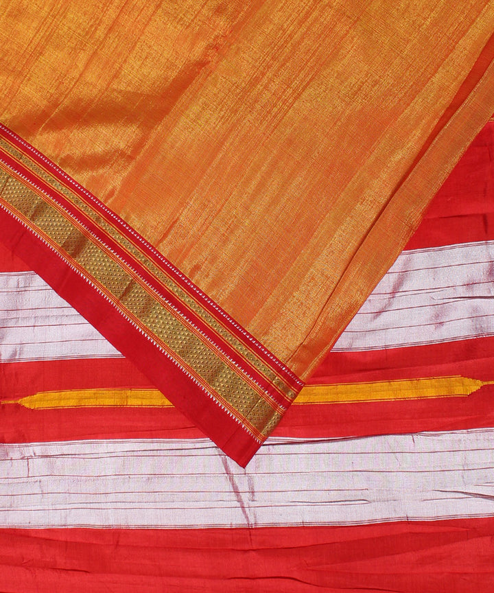 Orange red handwoven cotton art silk chikki paras border ilkal saree