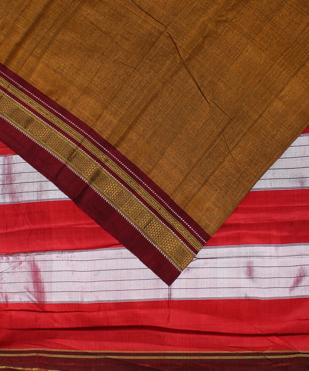 Mustard red handwoven cotton art silk chikki paras border ilkal saree