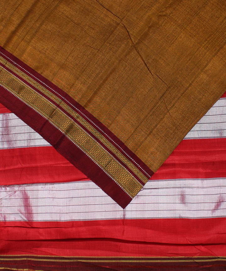 Mustard red handwoven cotton art silk chikki paras border ilkal saree