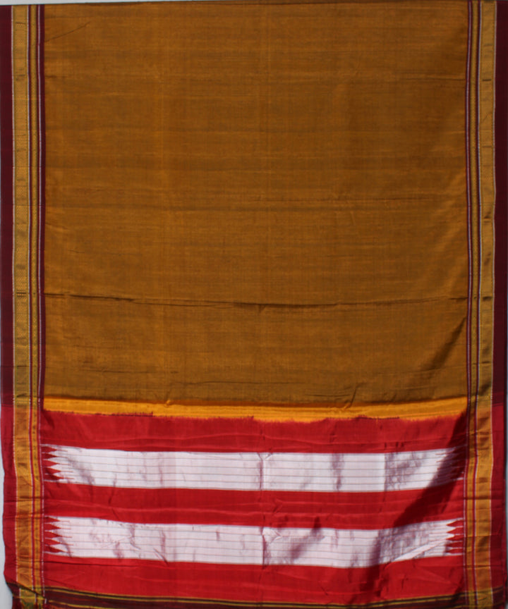 Mustard red handwoven cotton art silk chikki paras border ilkal saree