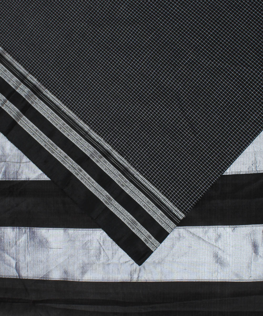 Grey black checks handwoven cotton art silk gayatri border ilkal saree