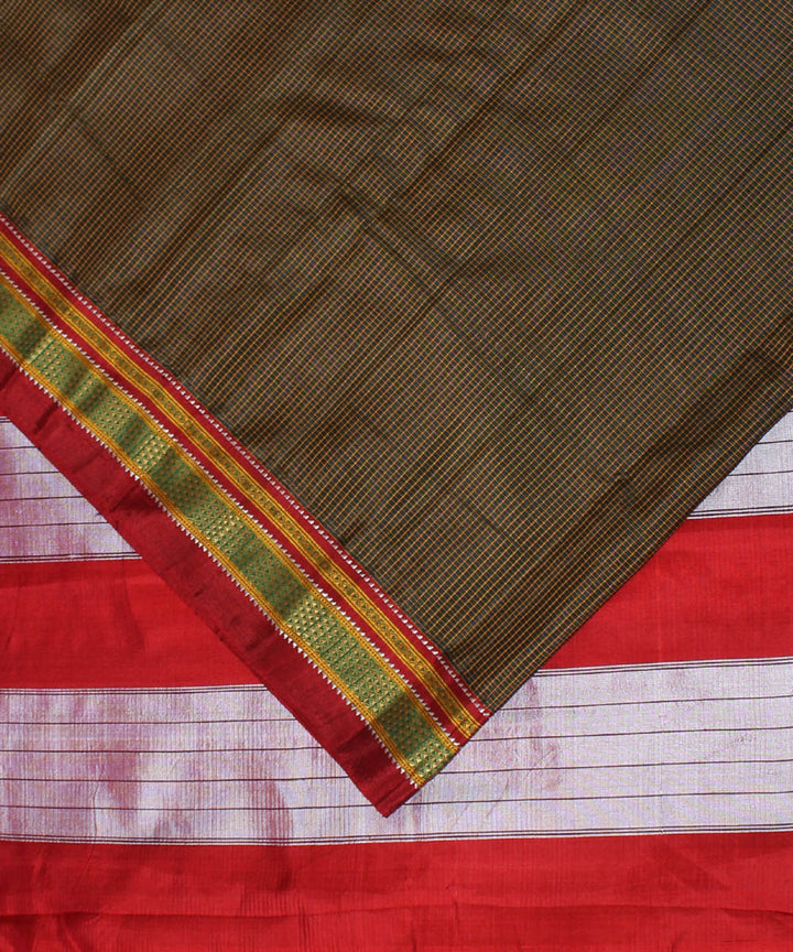 Mud brown red handloom cotton art silk chikki paras border ilkal saree