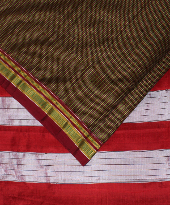 Brown red handloom cotton art silk chikki paras border ilkal saree