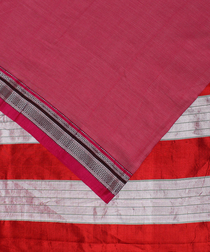 Pink red handwoven cotton art silk chikki paras border ilkal saree