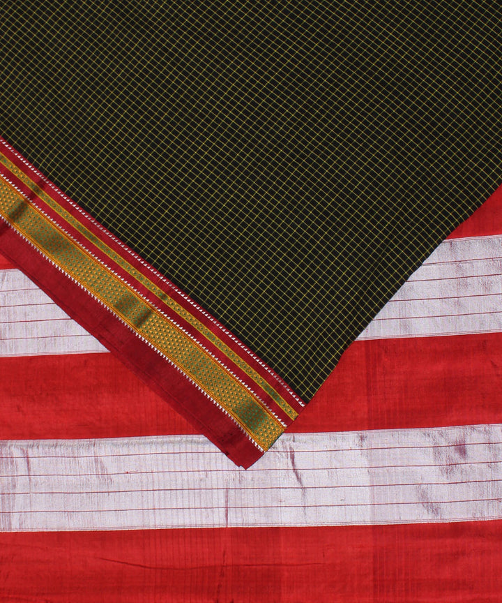 Olive green red handwoven cotton art silk chikki paras border ilkal saree