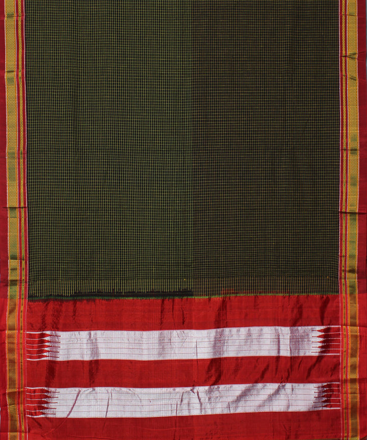 Olive green red handwoven cotton art silk chikki paras border ilkal saree