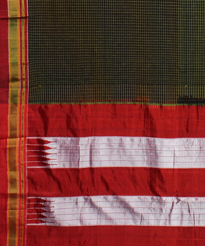Olive green red handwoven cotton art silk chikki paras border ilkal saree