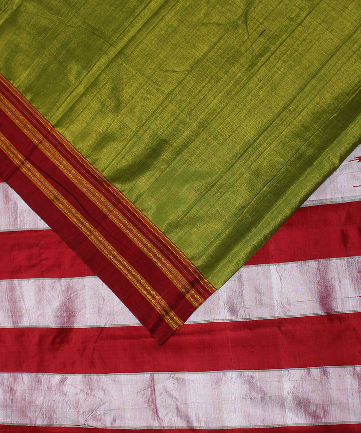 Lime green red handloom cotton art silk gayatri border ilkal saree