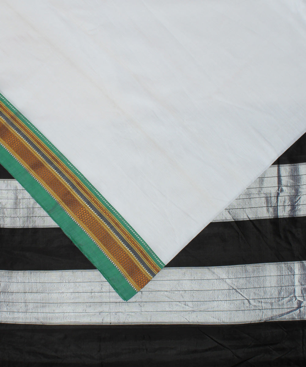 White black handwoven cotton art silk chikki paras border ilkal saree