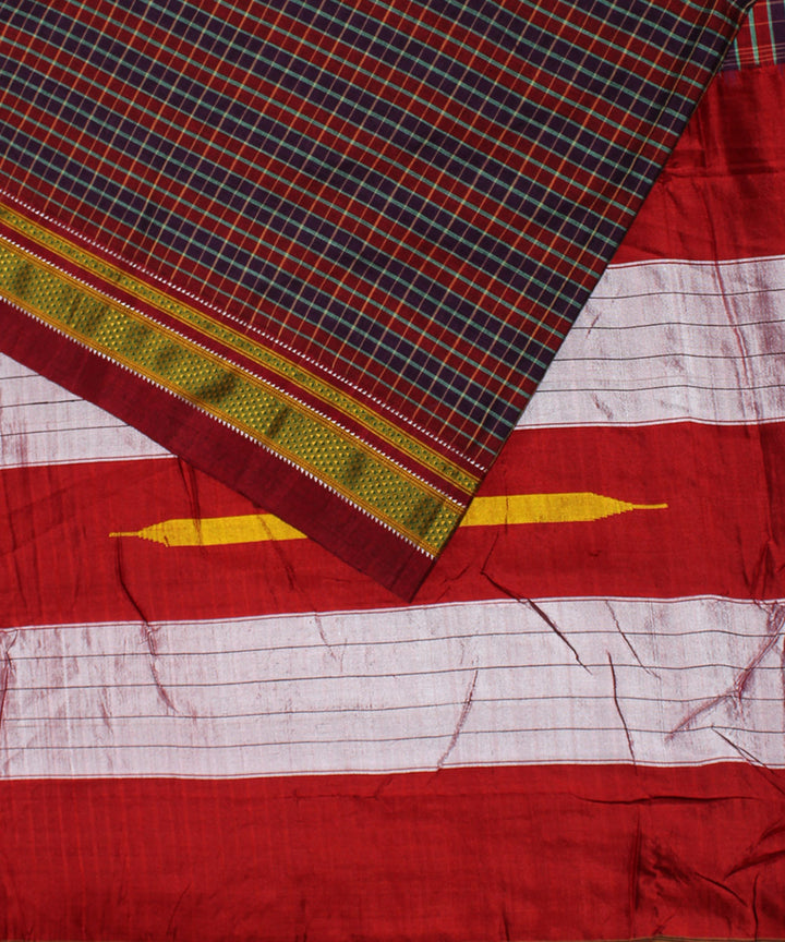 Red grey checks handloom cotton art silk chikki paras ilkal saree