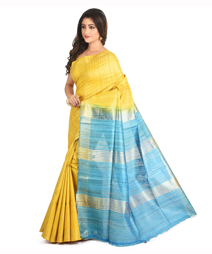 Yellow sky blue handwoven tussar silk sari