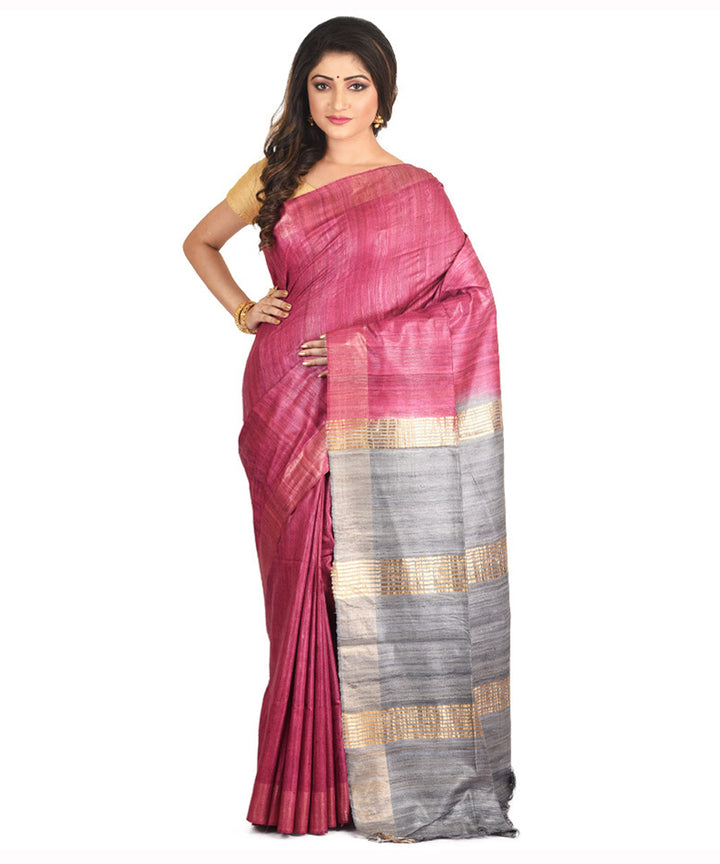 Grey magenta handwoven tussar silk sari