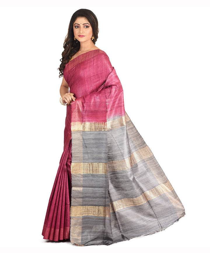 Grey magenta handwoven tussar silk sari
