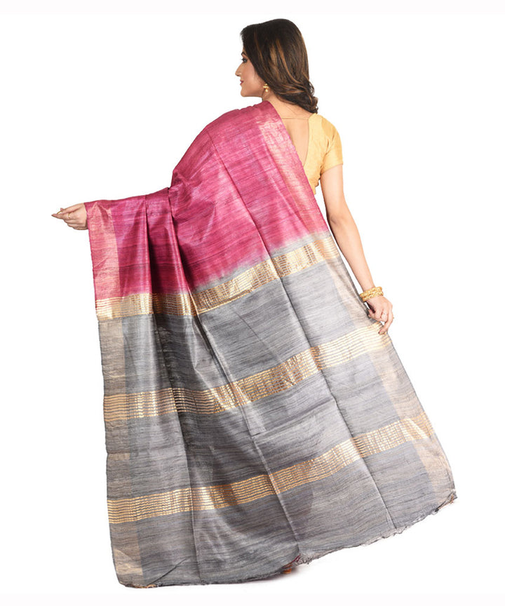 Grey magenta handwoven tussar silk sari