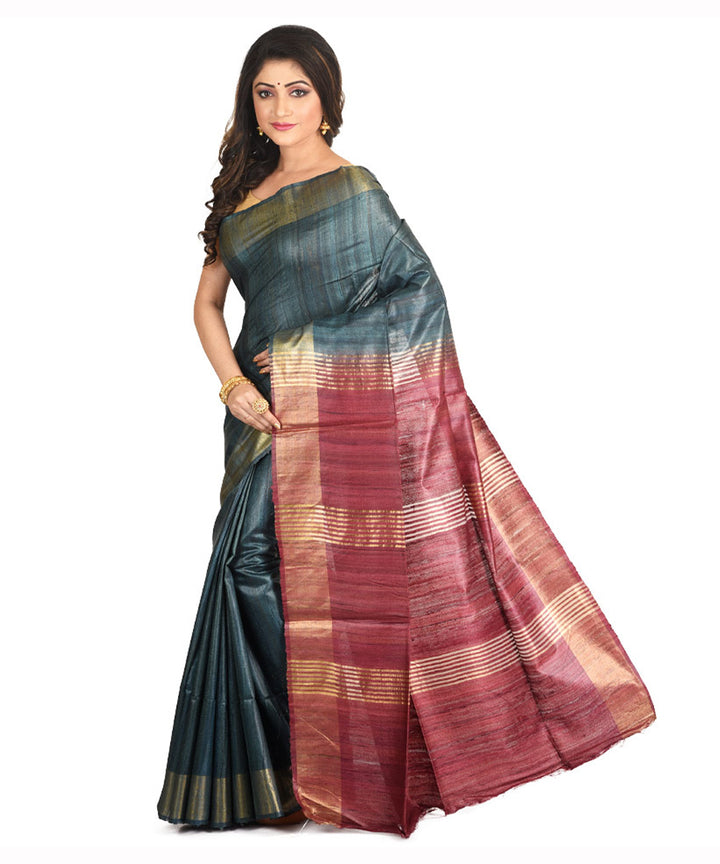 Bottle green handwoven tussar silk sari