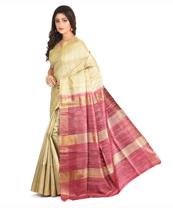 Beige cherry red handwoven tussar silk sari