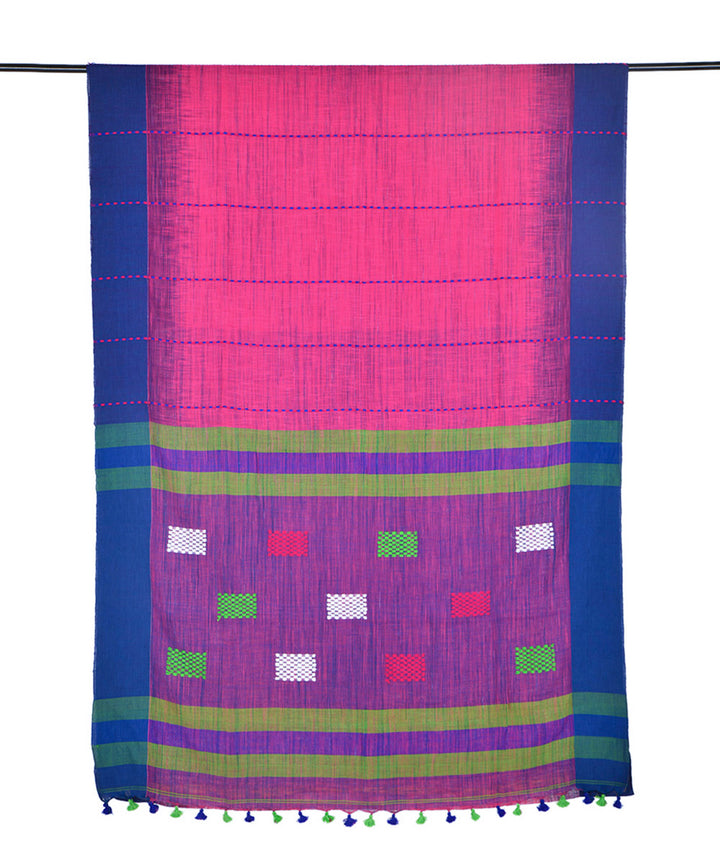 Pink blue hand embroidery kantha stitch cotton saree
