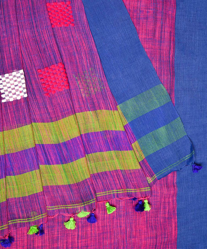 Pink blue hand embroidery kantha stitch cotton saree