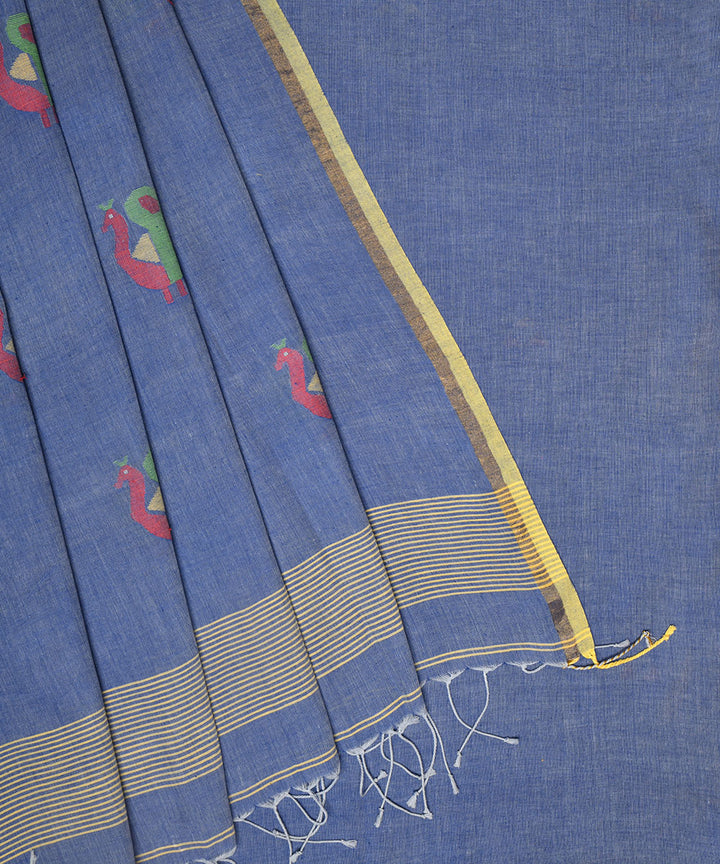 Cyan blue hand embroidery kantha stitch cotton sari